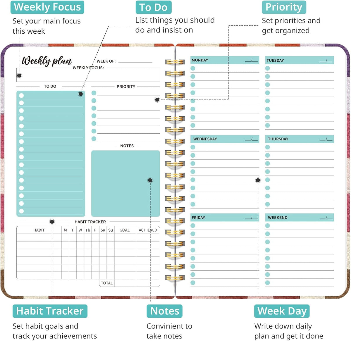 Taja Undated Weekly Planner, To Do List Notebook with Habit Tracker, A5