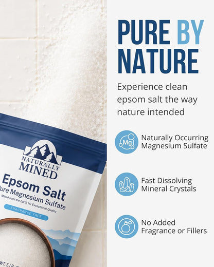 Naturally Mined Epsom Salt Bath and Foot Soak, Unscented Pure Magnesium Sulfate, 5lb