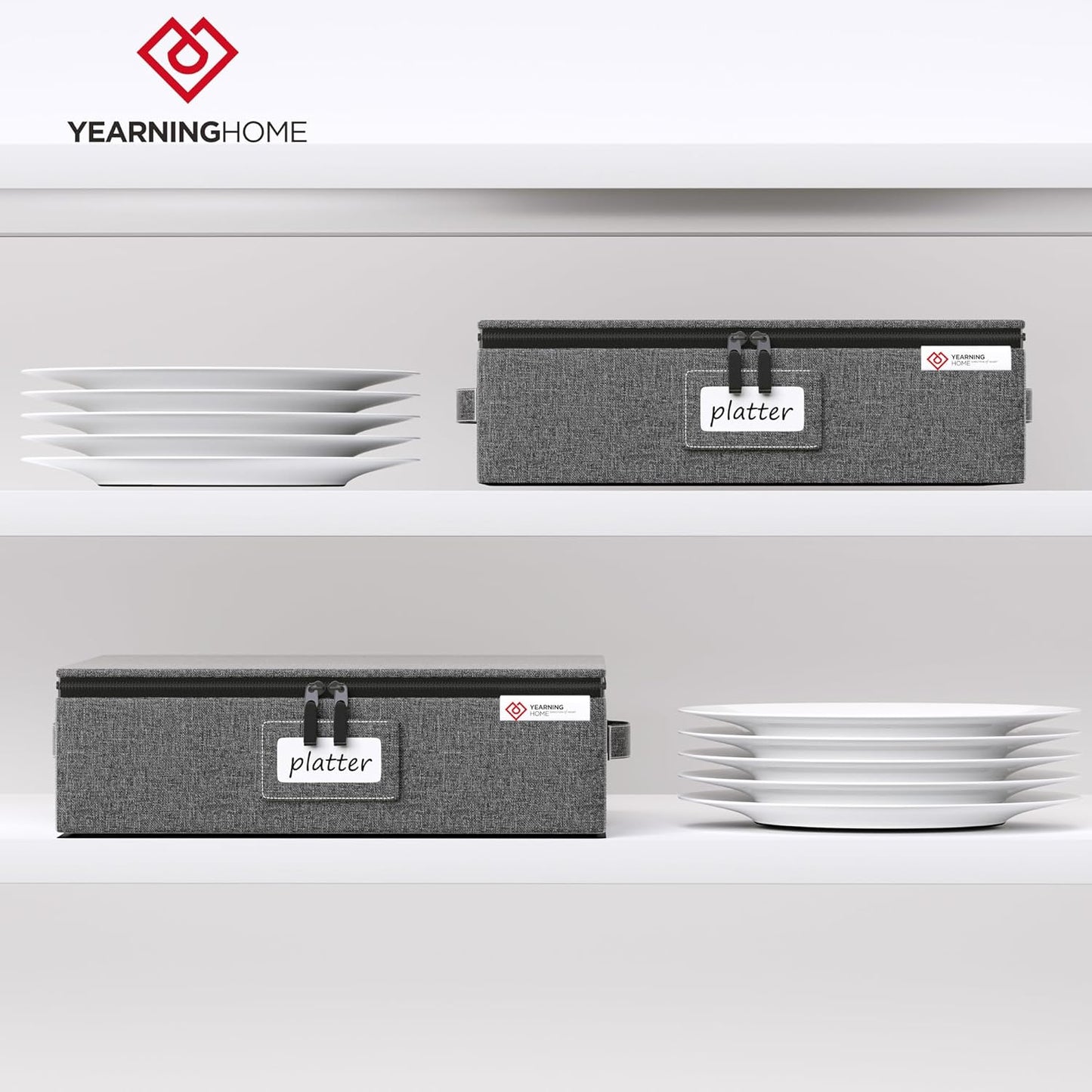 YearningHome Cup and Mug Storage Box with Hard Shell and Dividers for Coffee Mugs,Tea Cups and Glasses,Stackable Storage Organizers with Lid,Handles,Zips and Label for Moving,Holds 12,2 Pack, Grey