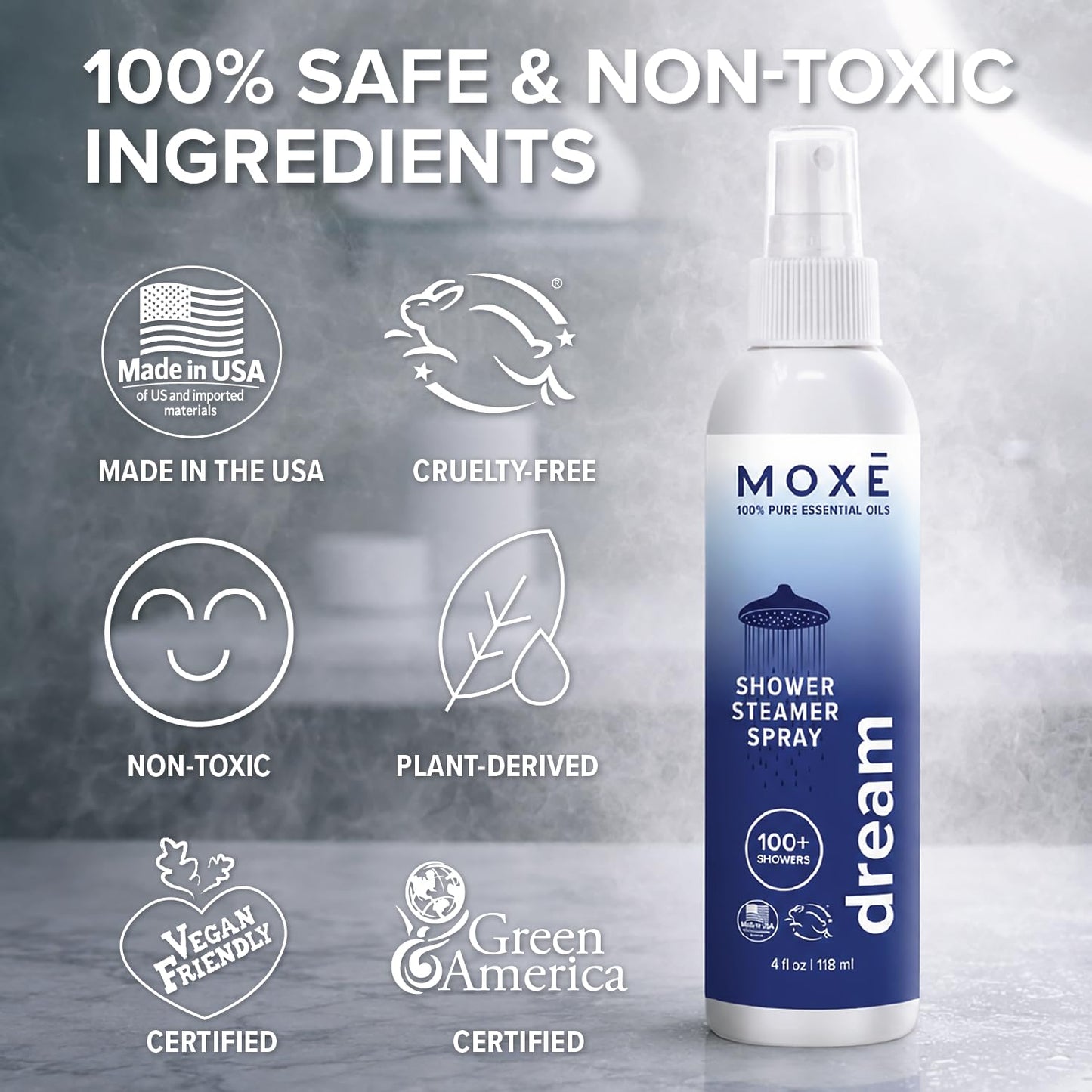 MOXĒ Eucalyptus Oil Shower Mist, Spa Steam Spray, Certified Natural 100% Essential Oils, Made in USA, Aromatherapy, Sinus Congestion Relief, Tension Relief, 4 Ounces