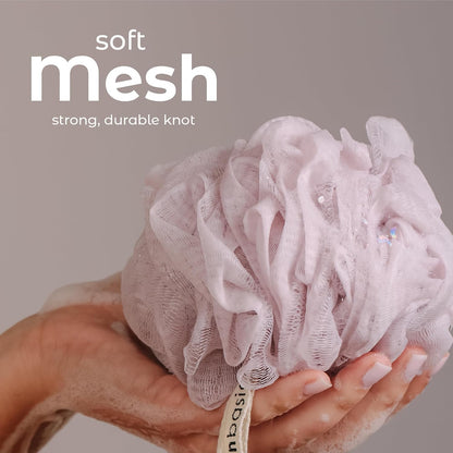 MainBasics Bath Shower Loofah Sponge Pouf Body Scrubber Exfoliator Body Wash Sponge (Set of 3, Airy Blossom)