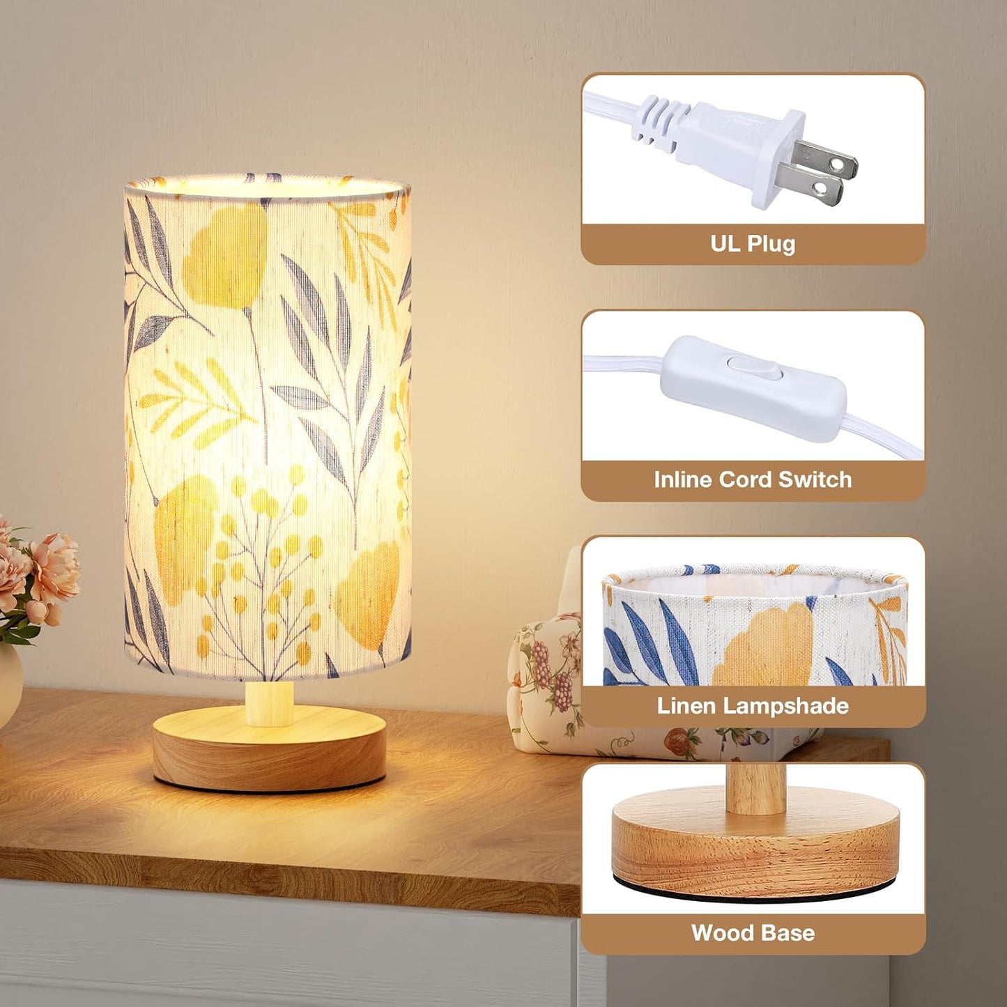 Fenmzee Small Table Lamp for Bedroom - Inline Control, Bedside Lamp with 3000K A15 LED Blub, Easy Assembly (Cream Shade - Wood Base, 9" Inline Control)