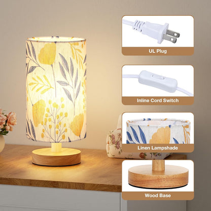 Fenmzee Small Table Lamp for Bedroom - Inline Control, Bedside Lamp with 3000K A15 LED Blub, Easy Assembly (Cream Shade - Wood Base, 9" Inline Control)