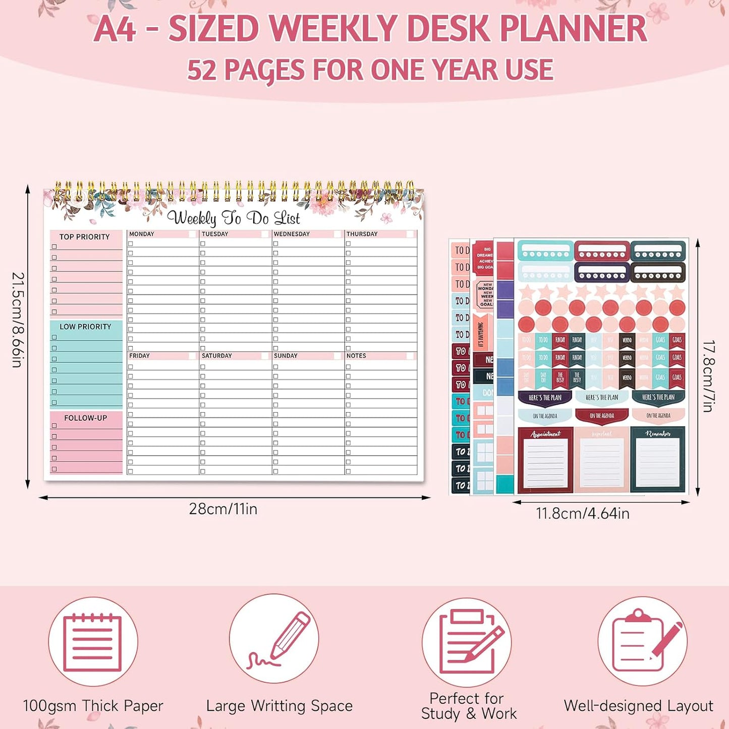 Thboxes Weekly To Do List Notepad, 8.5"x11" Desk Planner 52 Sheets, Green | 100GSM Paper Undated Habit Planner, Productivity Organizer Notepad, for Home School Office Work, Travel, College Essentials