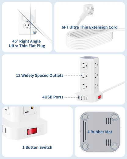 Extension Cord with Multiple Outlets, SMALLRT Power Strip Tower, Outlet Extender with 12 AC Outlets 4 USB, 6.5FT Extension Cord for Home Dorm Room, Office Supplies,Overload Protection