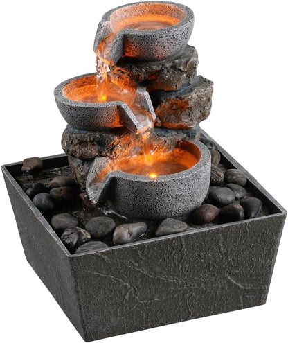 Haobos Decorative Indoor Fountain 3-Bowl Rockery Soothing Sound Tabletop Fountains Home/Office Decor with Led Light/Some Cobblestones(1556A)
