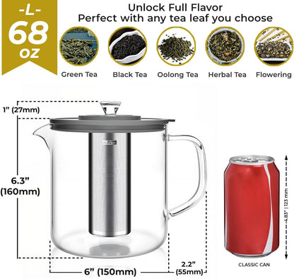 Aquach 68oz Glass Tea Pot with Infuser, Stovetop Safe Borosilicate Teapot | Dishwasher Safe, Plastic-free, Large Family Capacity, Easy-clean Opening, Loose Leaf Filter