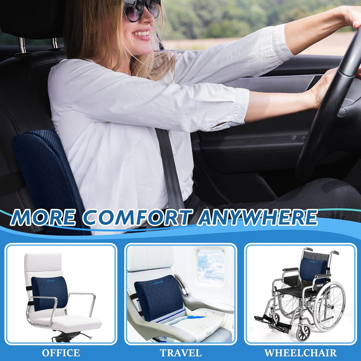 Lumbar Support Pillow for Office Chair Back Support Lumbar Pillow for Car, Gaming, Office Chair - Improve Sitting Posture & Back Pain Relief, Memory Foam, Adjustable Straps, Grey