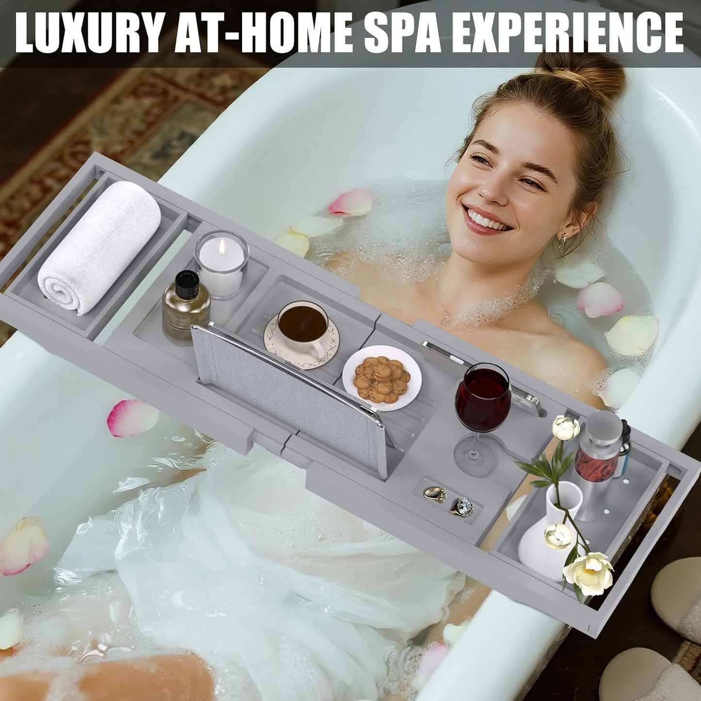 Foldable Bamboo Bathtub Caddy Tray Expandable for Luxury Bath, Bath Accessories & Table with Wine Glass Holder, Book Stand Bathroom Organizer with Extending Sides for Men/Women