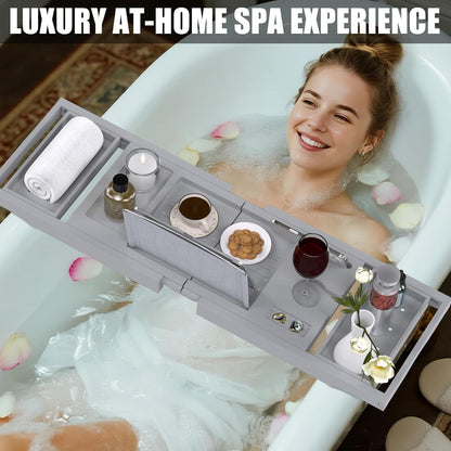 Foldable Bamboo Bathtub Caddy Tray Expandable for Luxury Bath, Bath Accessories & Table with Wine Glass Holder, Book Stand Bathroom Organizer with Extending Sides for Men/Women