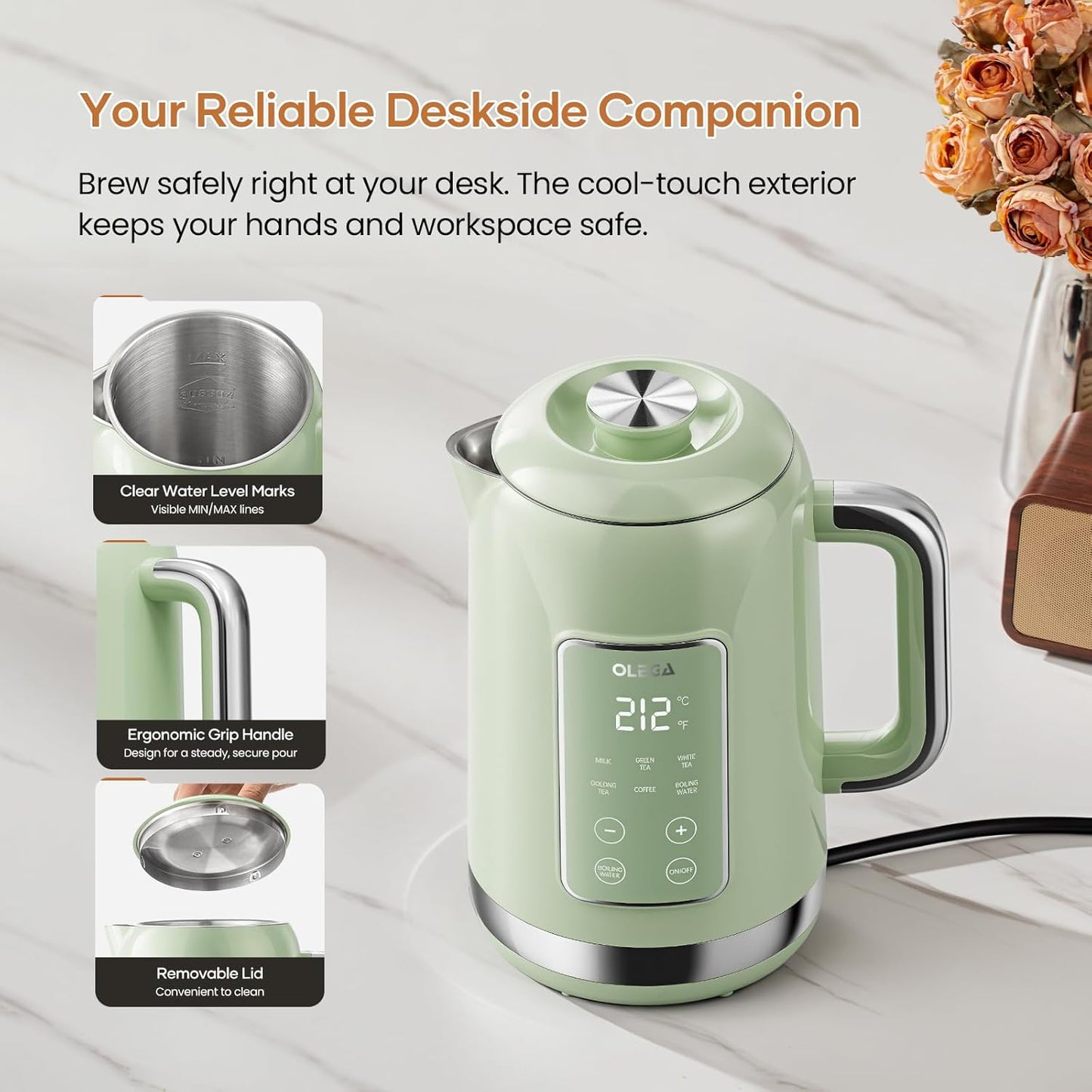 Electric Kettle Temperature Control: OLEGA 1.5L Stainless Steel Smart Kettle Hot Water Boiler, 6 Temp Presets, 1200W Fast Boiling Electric Tea & Coffee Kettle, Electric Kettles Teapot for Home -Green