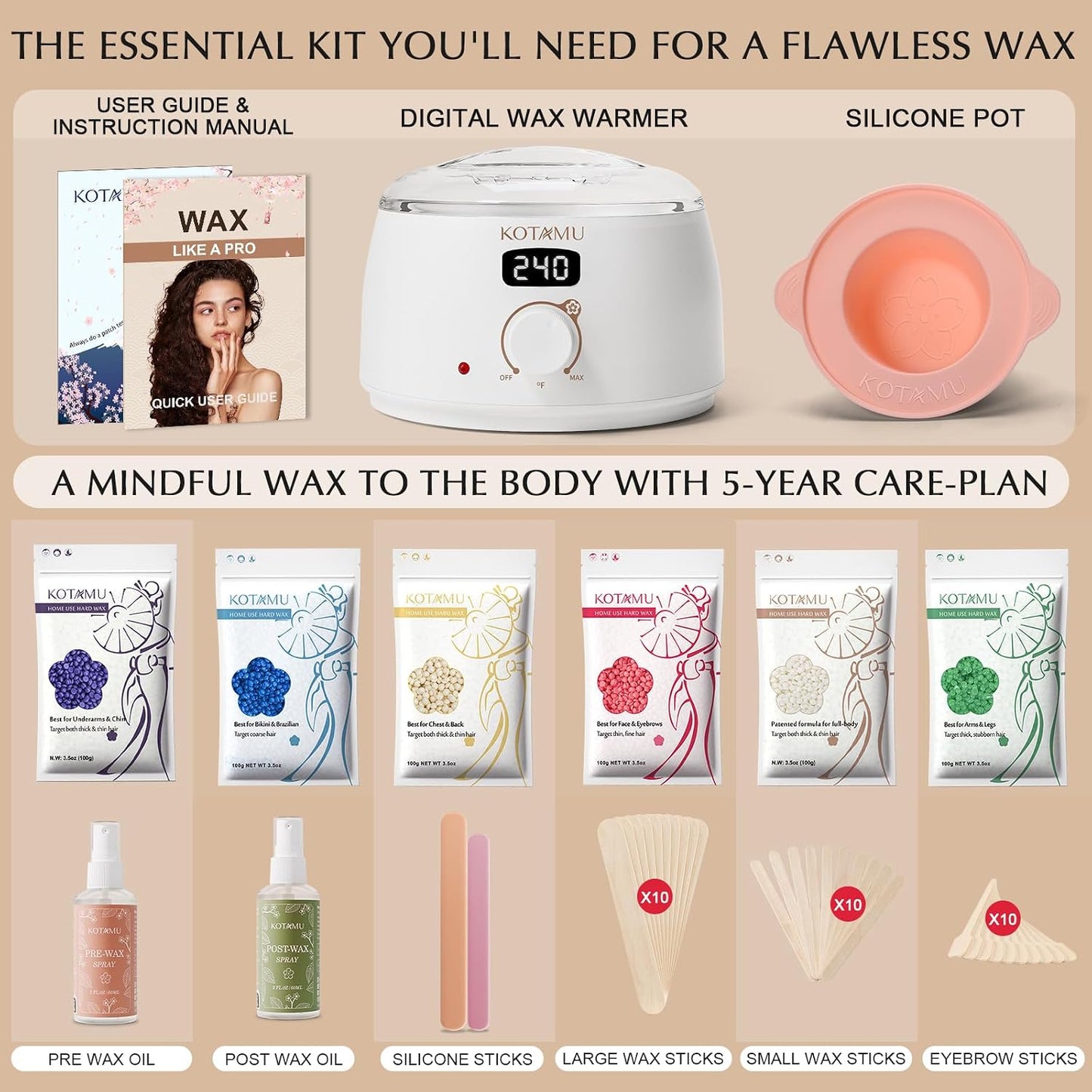 KOTAMU Waxing Kit for Women & Men, Pink Digital Wax Pot Warmer Hair Removal | Home Hard Wax Kit, Wax Machine, Face, Eyebrow, Bikini, Brazilian, Body, Sensitive Skin, 25 Accessories, Beginner-Friendly