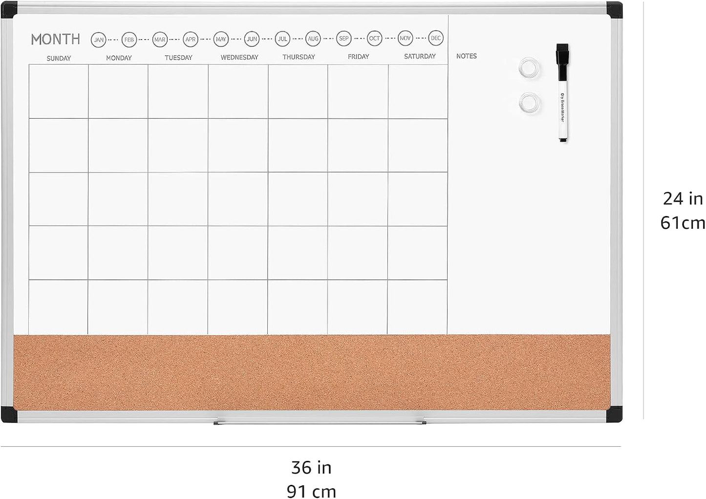 Amazon Basics 24" x 36" Monthly Whiteboard Calendar with Cork Board, Dry Erase Magnetic Whiteboard for Daily Planning, Wall Mounted, Silver Aluminum Frame