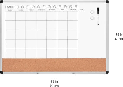 Amazon Basics 24" x 36" Monthly Whiteboard Calendar with Cork Board, Dry Erase Magnetic Whiteboard for Daily Planning, Wall Mounted, Silver Aluminum Frame