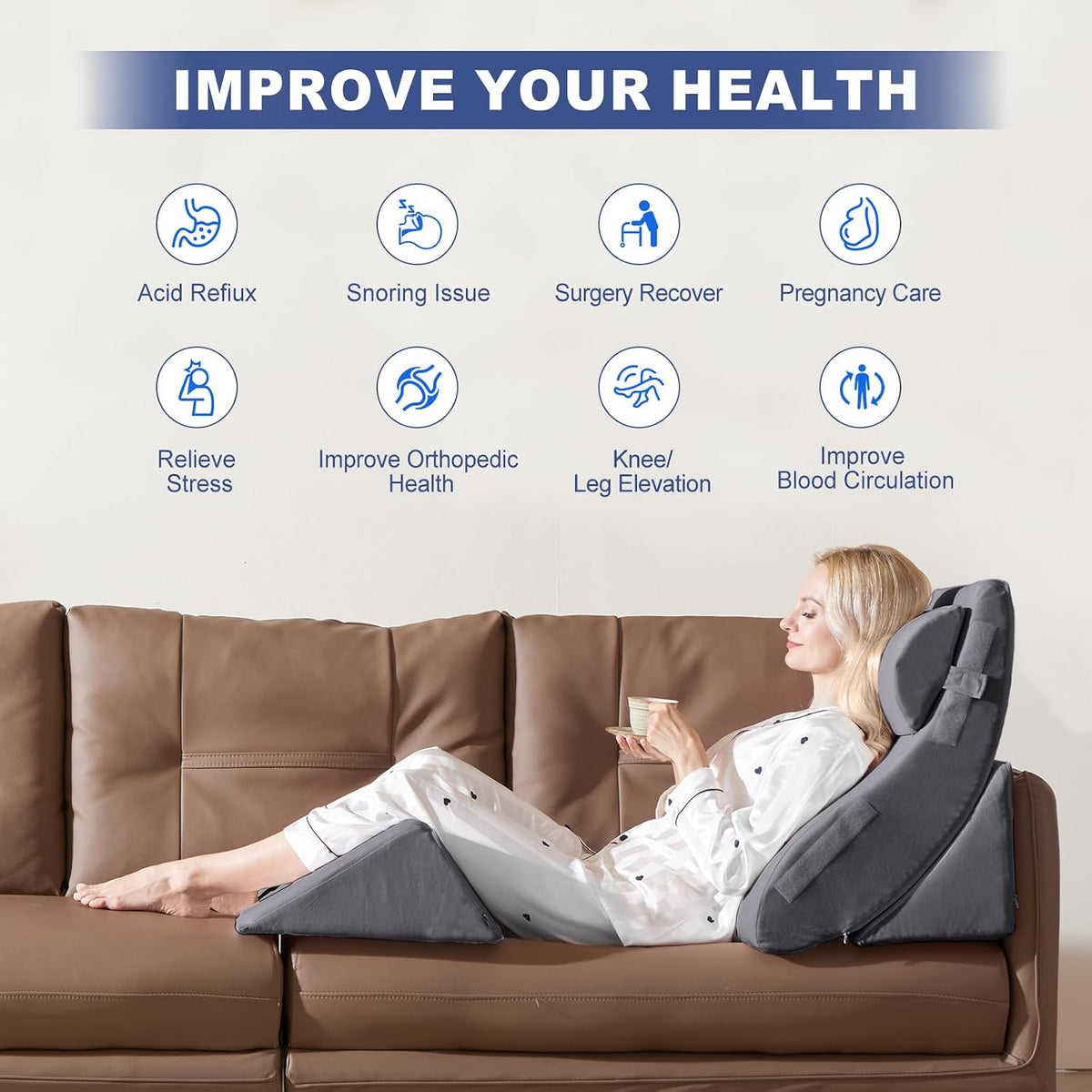 4PCS Orthopedic Bed Wedge Pillow Set for Sleeping, Post Surgery Foam Support Pillows for Back, Neck and Leg Pain Relief, Adjustable Triangle Pillow – Acid Reflux, GERD & Snoring Recovery, White Grey