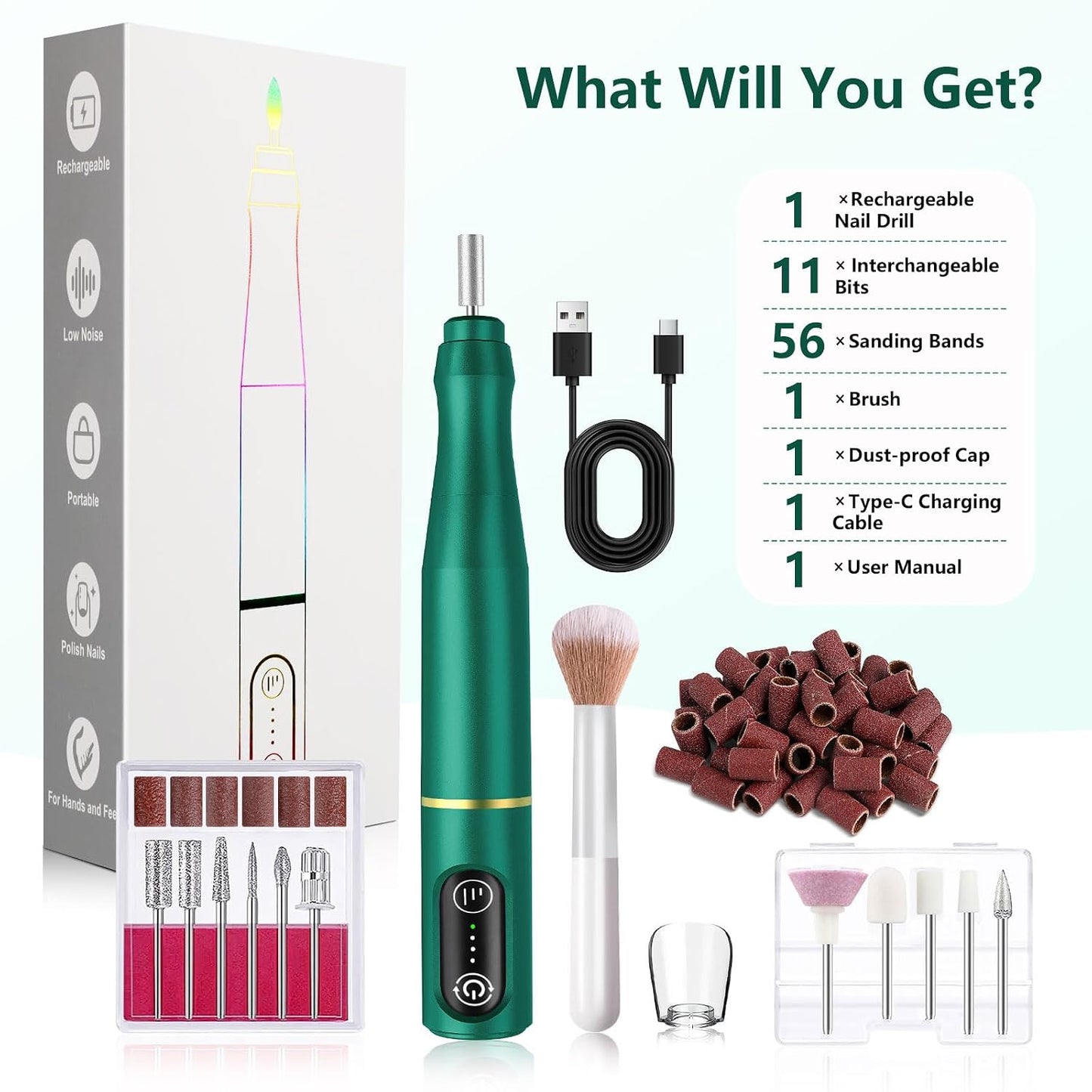 TUOBEO Cordless Nail Drill Electric Nail File Kit, Rechargeable Efile Set, Portable Acrylic Gel Nail Polish Remover Machine, Pedicure Manicure Tool, 11 Bits, 56 Sanding Bands, Salon Home, Purple