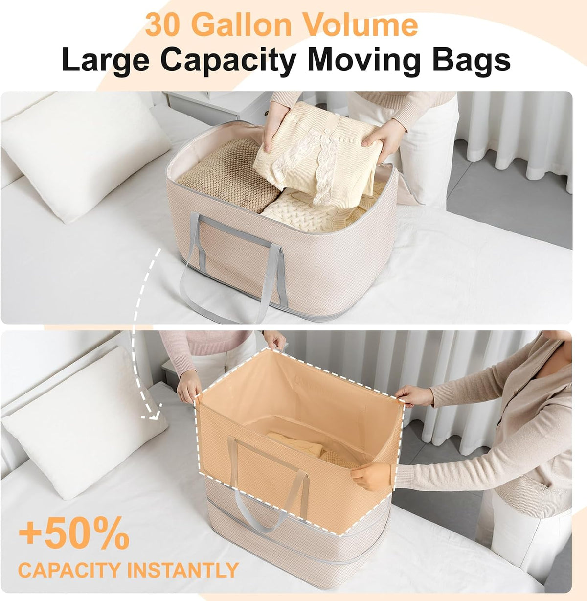 Comforter Storage Bag - 130L Large Capacity Blanket Storage Bags 4-Layer Ultra Space Saving Self Compression Organizer, Washable Compression Bags for Storage Comforter Blanket, Beige