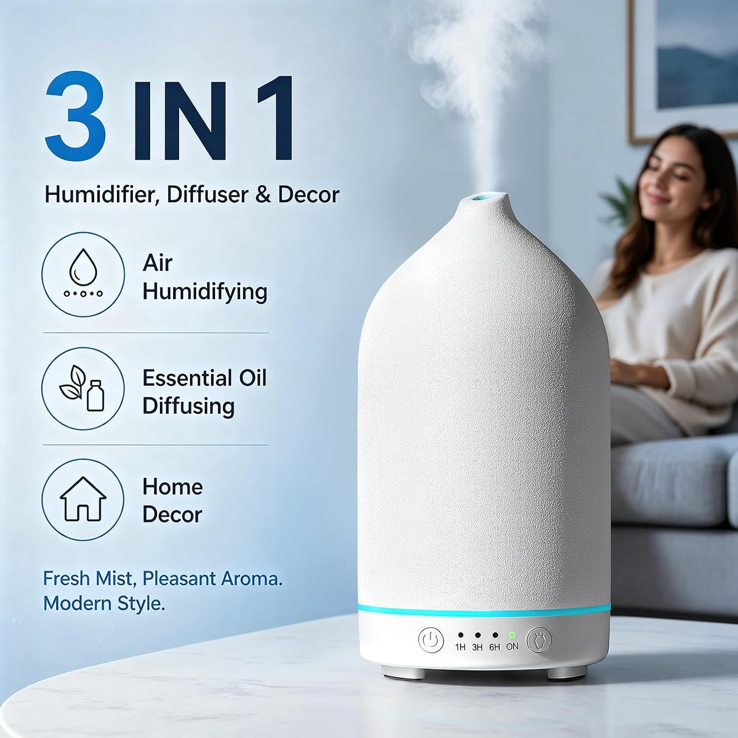 Gooamp 200ML Ceramic Essential Oil Diffuser for Home - Ultrasonic Aromatherapy Diffuser Humidifier with 7 Color LED Lights, Auto Shut-Off, 3 Timers for Bedroom, Office, Yoga, Black