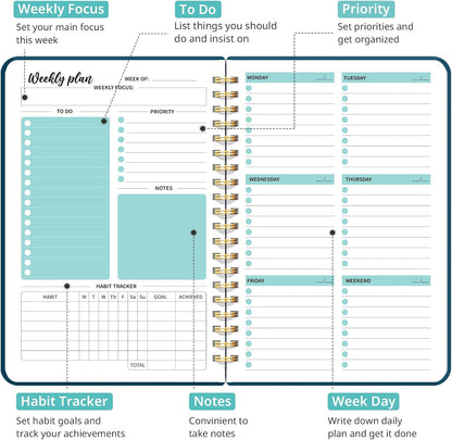 Taja Undated Weekly Planner, Weekly To Do List Notebook with Goal & Habit Tracker Organizer, A5 Weekly Planner Notebook with Spiral Binding, 6.1" x 8.2" - Green
