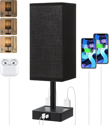 【Upgraded】Bedside Table Lamp Touch Control, with USB C+A Charging Ports & Dual AC Outlets, 3-Way Nightstand Lamp for Bedroom with LampShade Living Room Office(LED Dimmable Bulb Included)