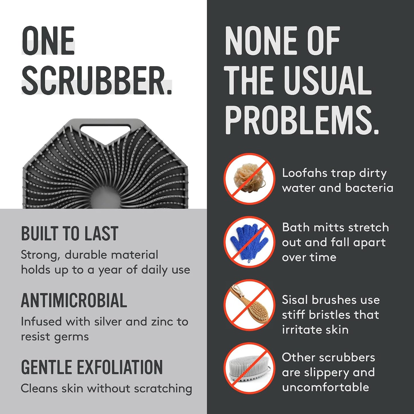 Sud Scrub® Antimicrobial Silicone Body Scrubber, Exfoliating Body Brush for Sensitive Skin, Antibacterial Shower Scrubber for Body, Bathroom Essentials for Men & Women, Charcoal