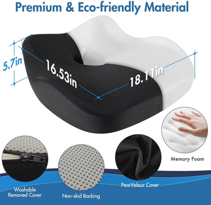 Car Seat Cushion, Ergonomic Memory Foam Car Seat Pad for Sciatica Pain Relief, Larger Driving Seat Cushion for Car Short Drivers on Long Drives - Butt Cushion for Car,Truck, Office - Black