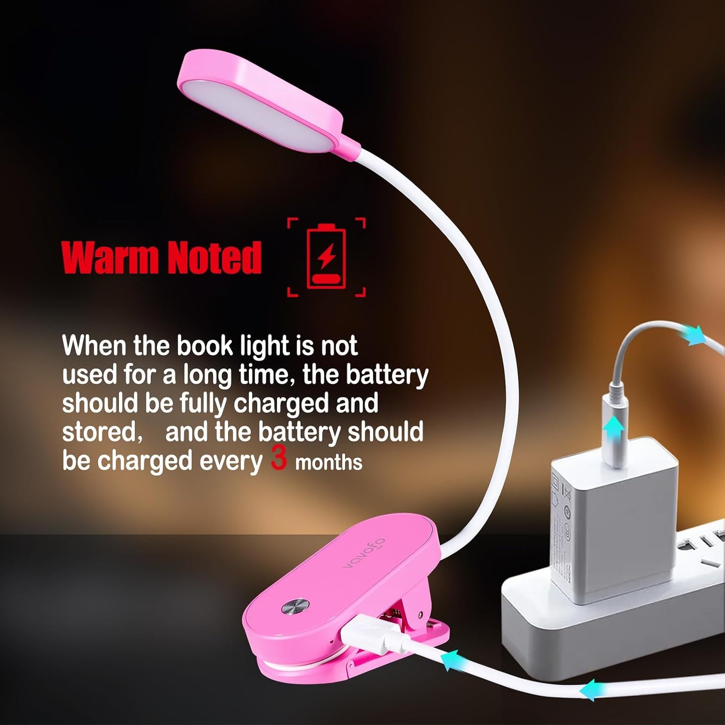 VAVOFO Rechargeable Book Light, 14 LEDs Eye Care Clip On Amber Reading Light for Bookworms Reading in Bed with 9 Colors 9 Brightness (White-Blue)