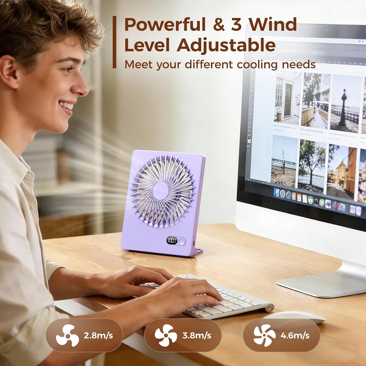 Zuvas Desk Fan Battery Operated Fan Rechargeable 180°Tilt Folding Personal Fan Ultra Quiet Small Portable 3 Speed Adjustable Strong Wind Fan For Office Bedroom Home Desktop Camping (White)