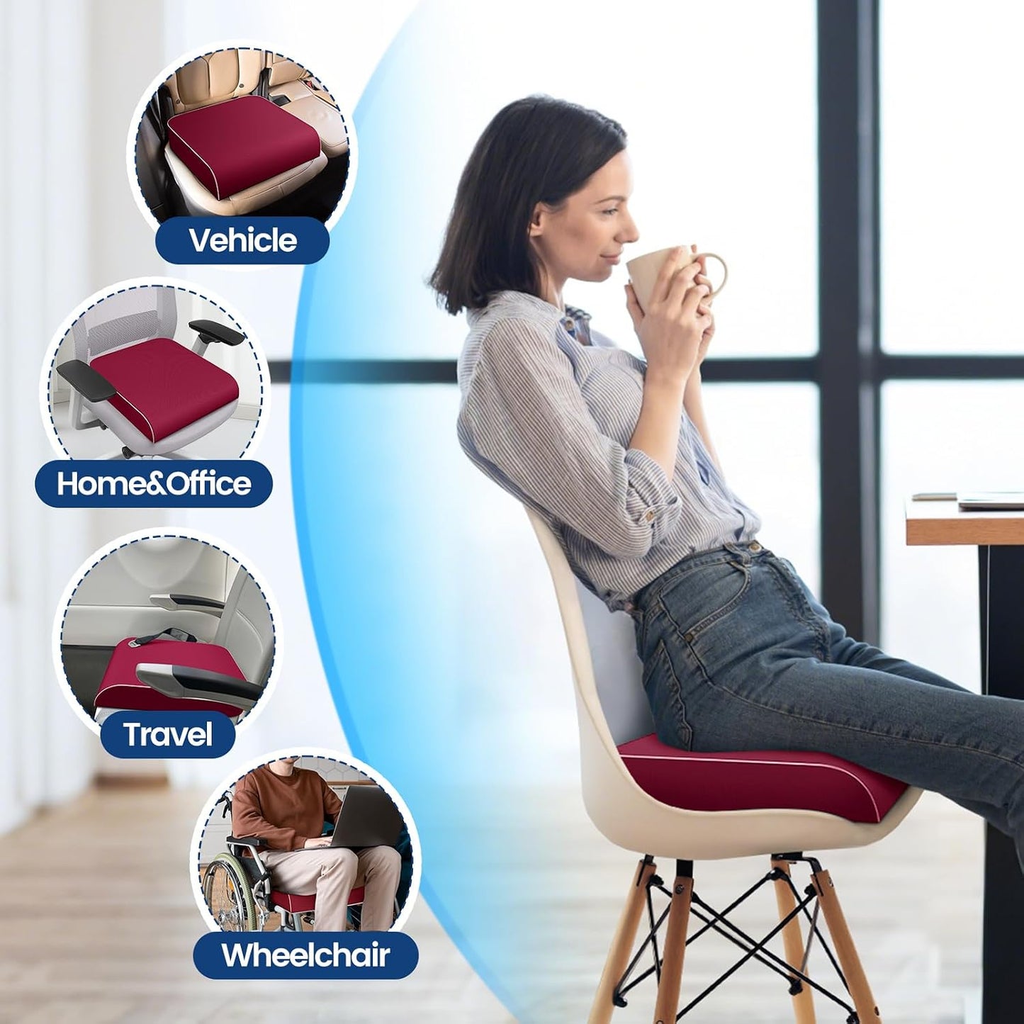 SweetSlubr Seat Cushion for Tailbone Pain Relief, Office Chair Cushion, Chair Pad, Memory Foam Large Cushion with Non-Slip Cover for Soft Support at Office Chair, Car Seat, Airplane, Black/Large