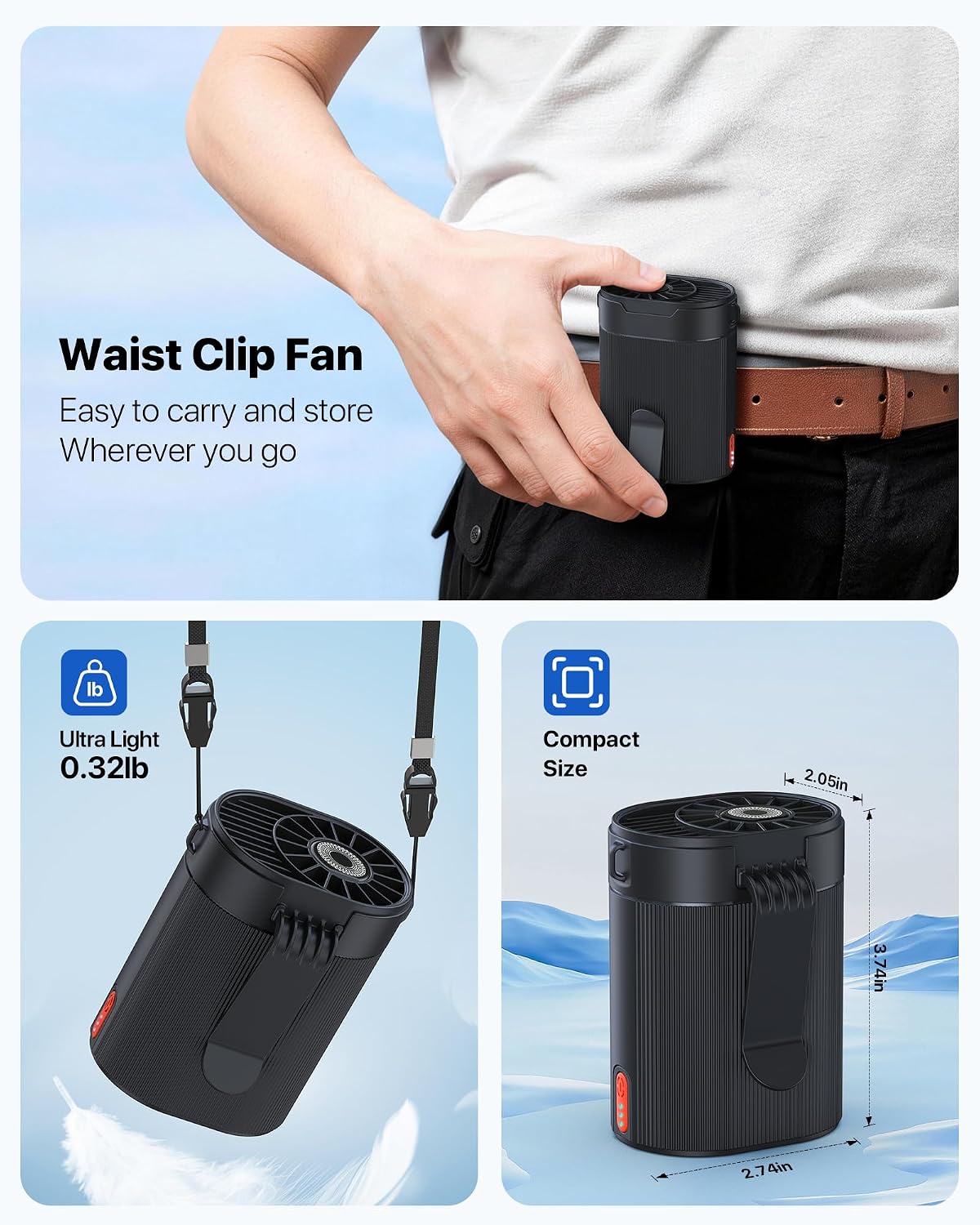 2026 Upgraded Wearable Waist Clip on Fan - 25H Battery 4-in-1 Personal Clip on Belt Fan, Ultra-Lightweight Rechargeable Hands-Free Body Fan with 4 Speeds for Outdoor Work, Jobsite