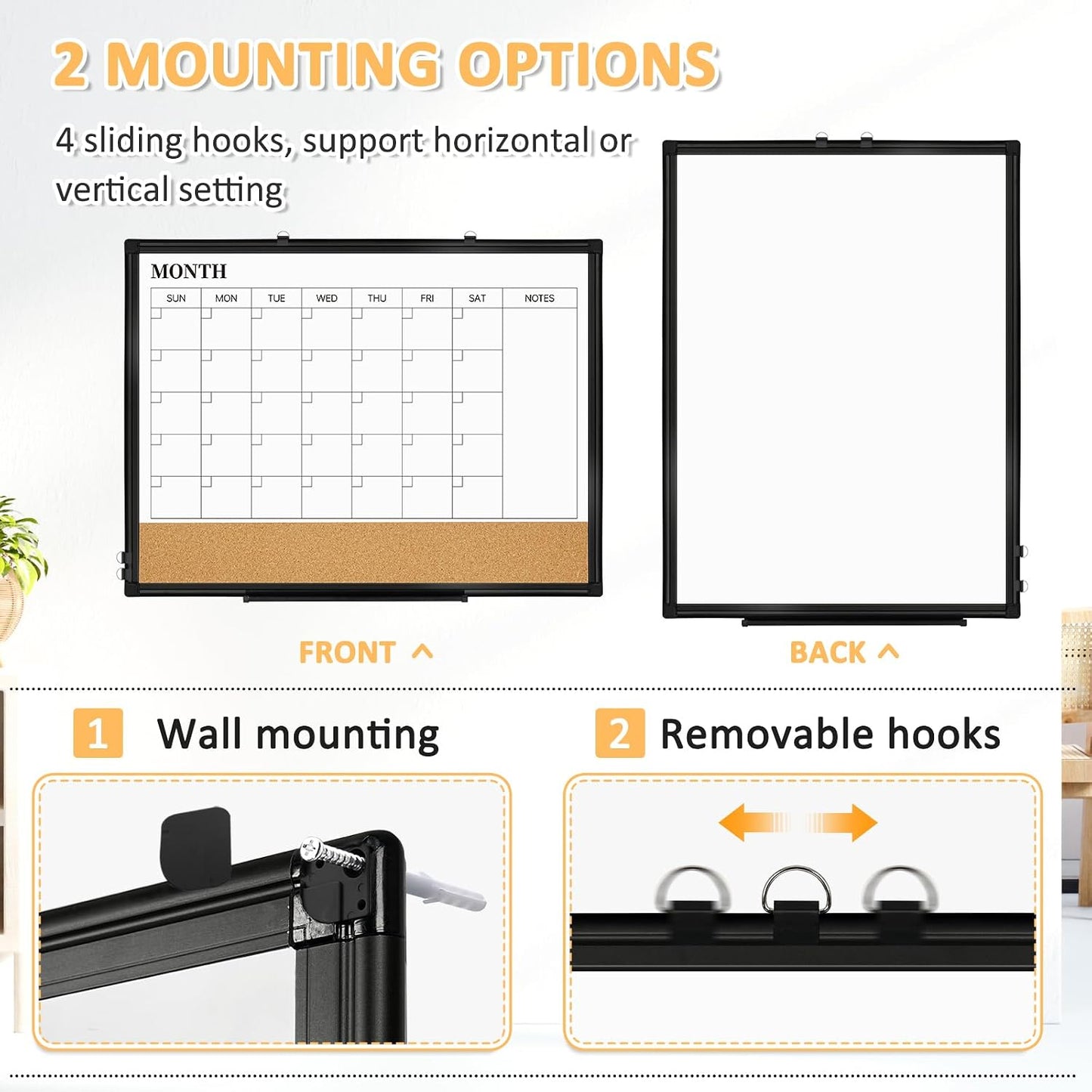 Dry Erase Calendar Whiteboard for Wall, 24"x18" Magnetic Monthly White Board Cork Board Combo, Double Sided, Aluminum Frame, Wall Hanging Wipe Board for Home, Office, School, Dorm