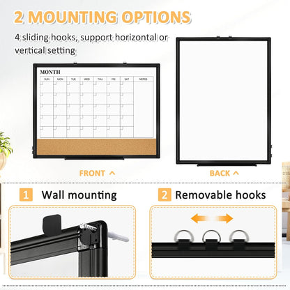 Dry Erase Calendar Whiteboard for Wall, 24"x18" Magnetic Monthly White Board Cork Board Combo, Double Sided, Aluminum Frame, Wall Hanging Wipe Board for Home, Office, School, Dorm