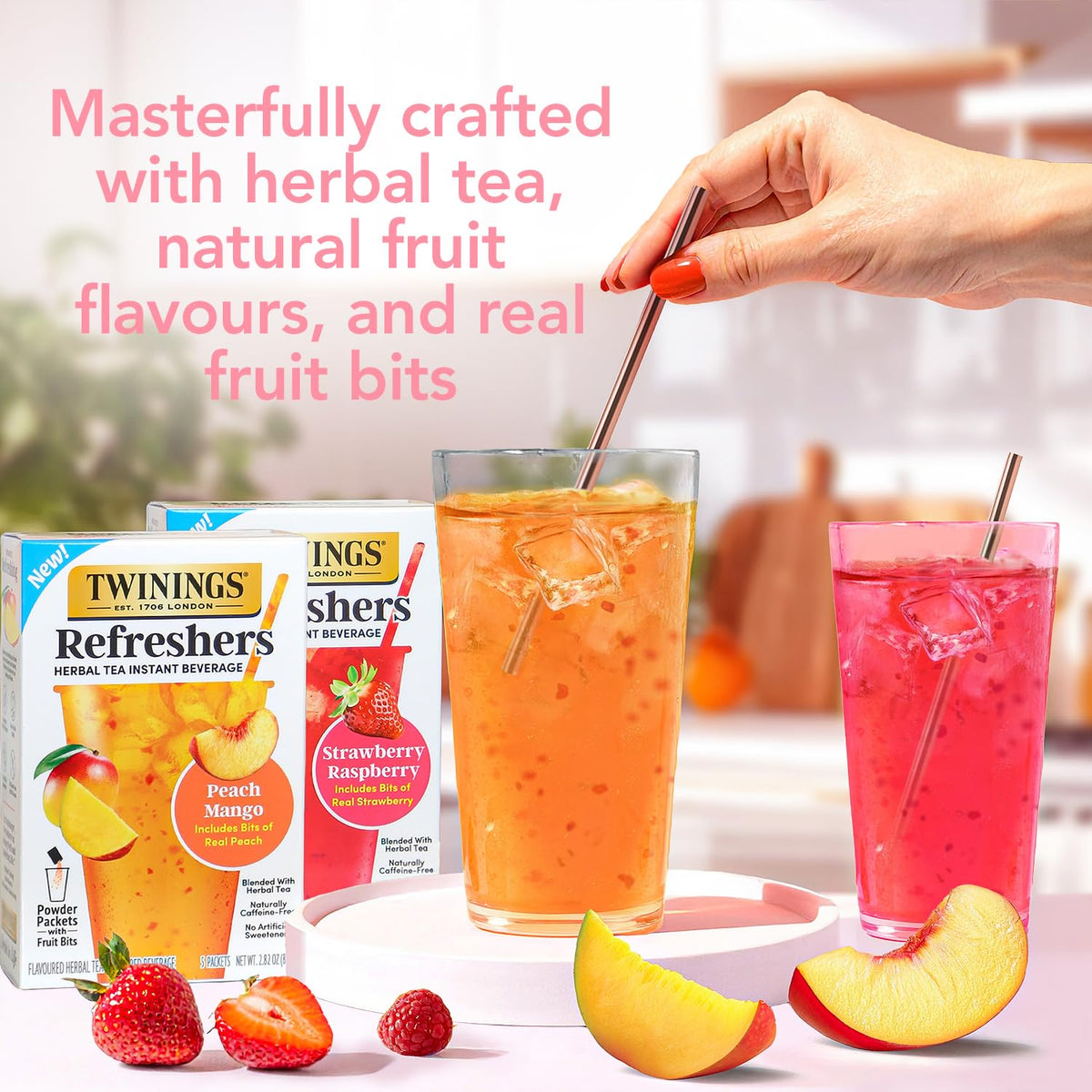 Twinings Refreshers Variety 2-Pack, Strawberry Raspberry & Peach Mango, Herbal Tea Instant Beverage with Real Fruit Bits, 5 Count Ea (10 Packets), Café Style, No Artificial Sweeteners, Naturally Caffeine-Free, 2.82 Oz Ea
