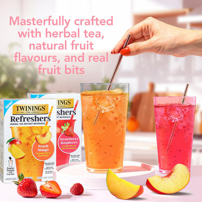 Twinings Refreshers Variety 2-Pack, Strawberry Raspberry & Peach Mango, Herbal Tea Instant Beverage with Real Fruit Bits, 5 Count Ea (10 Packets), Café Style, No Artificial Sweeteners, Naturally Caffeine-Free, 2.82 Oz Ea