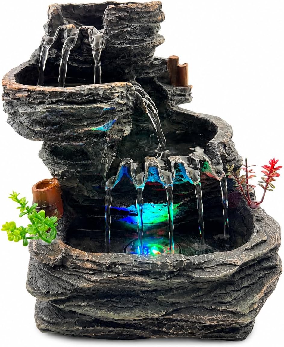 Indoor Tabletop Water Fountain with LED Light, Resin Rock-Look Waterfall Decor, Feng Shui Inspired Zen Fountain for Desk, Office, Bedroom, Living Room & Meditation Space (9" Cascading Rock)