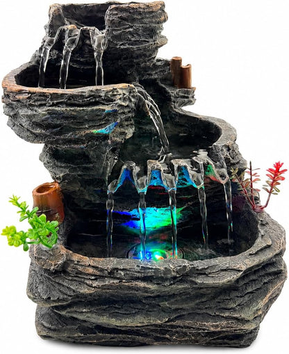 Indoor Tabletop Water Fountain with LED Light, Resin Rock-Look Waterfall Decor, Feng Shui Inspired Zen Fountain for Desk, Office, Bedroom, Living Room & Meditation Space (9" Cascading Rock)