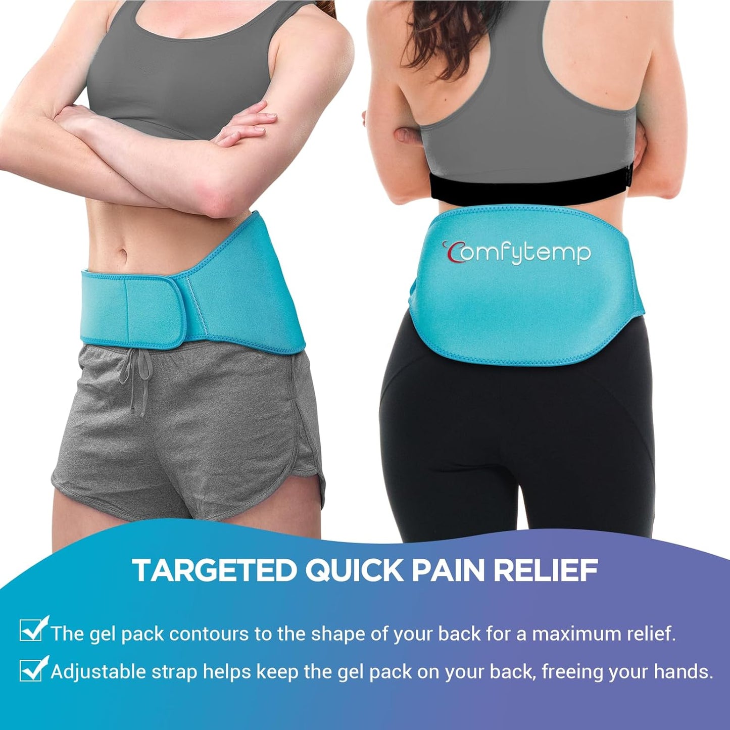Comfytemp Ice Pack for Back Pain Relief, 2 Pcs, Sciatica Ease Brace, Reusable Gel Lower Back Ice Wrap for Injuries, Hot Cold Compress for Lower Lumbar, Waist, Men Women After Surgery (Blue)