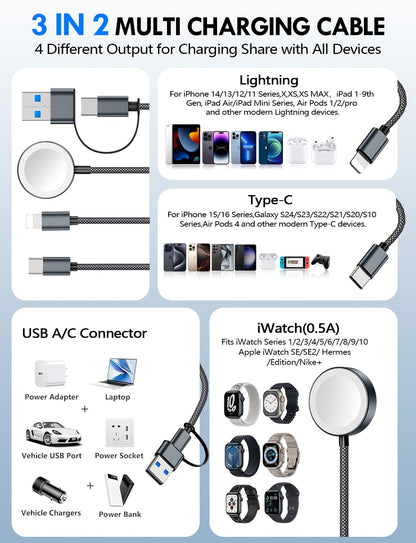Travel Essentials for Apple Watch Charger,3-in-2 Multi Charging Cable