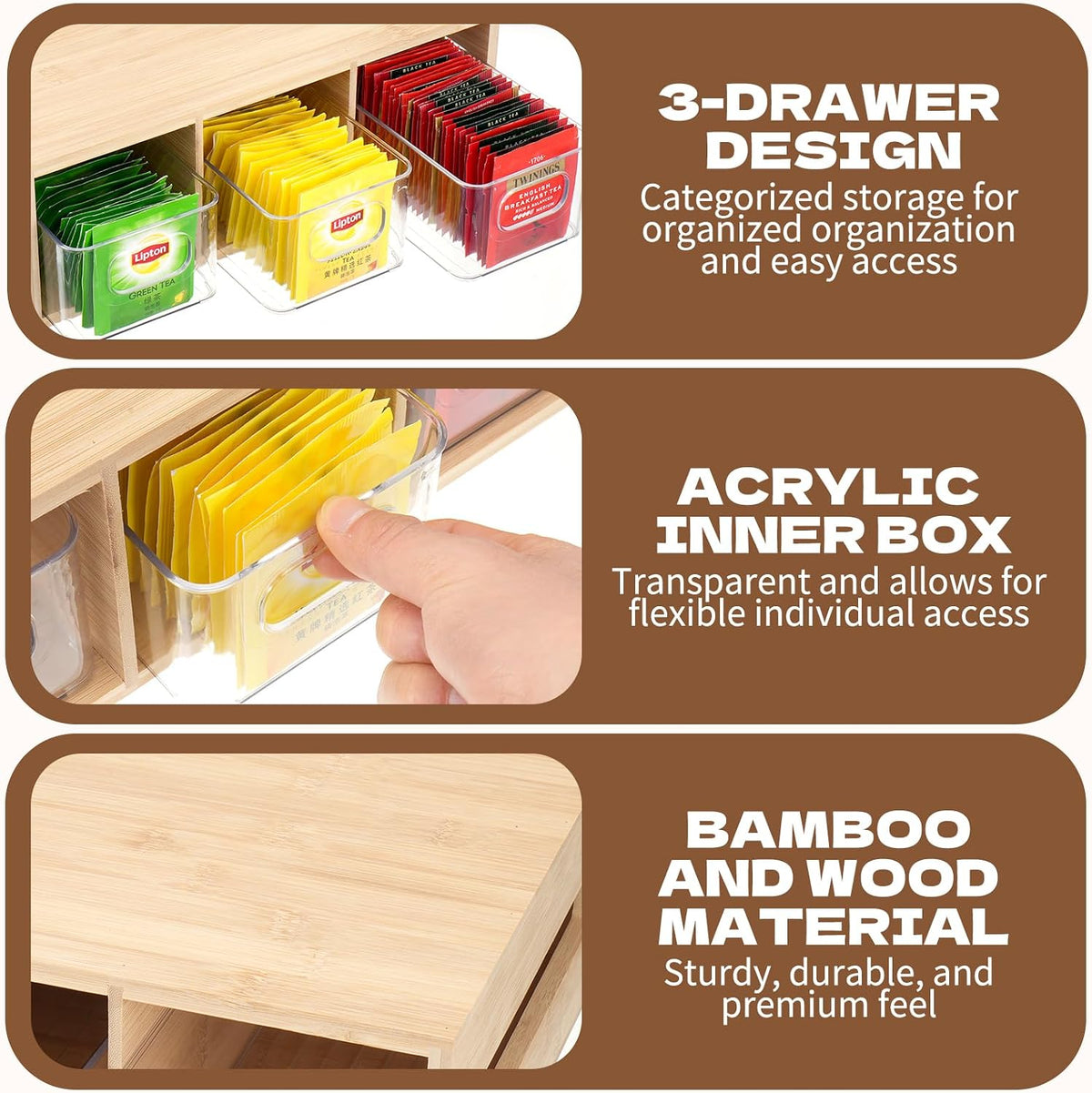 Tea Bag Organizer, Bamboo and Acrylic Tea Bag Holder with 3 Drawers, Wooden Tea Storage Organizer for Countertop, Sturdy Tea Chest Boxes for Shelf, Coffee Station, Sugar Packet, Small Packets