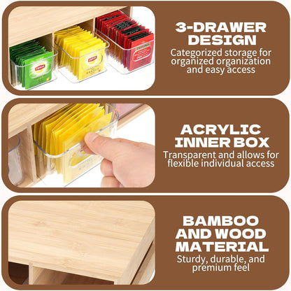 Tea Bag Organizer, Bamboo and Acrylic Tea Bag Holder with 3 Drawers, Wooden Tea Storage Organizer for Countertop, Sturdy Tea Chest Boxes for Shelf, Coffee Station, Sugar Packet, Small Packets