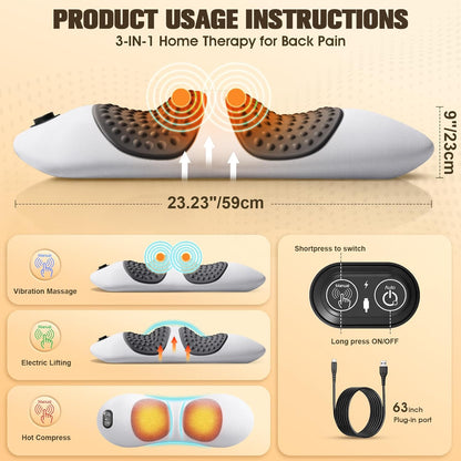 3-in-1 Electric Lumbar Support Pillow,Triple Fusion Back Massager with Heat,Vibration&Traction,Back Support Pillow for Bed and Chair,Lumbar Support Pillow for Lower Back Pain Relief&Spine Support-Gray