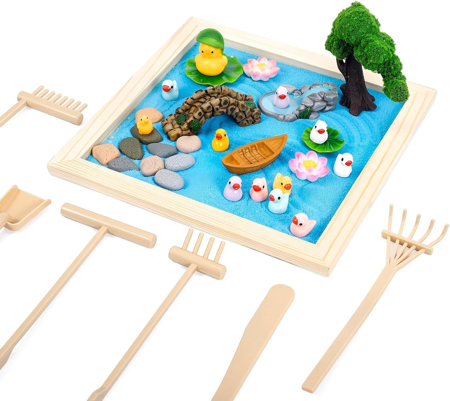 Angirlish 43PCS Zen Garden Kit for Desk, Mini Sandbox Set Gifts Included Wooden Tray Sand Tools Mini Resin Ducks and Accessories, Sand Tray Therapy for Meditation Room Office Home(Duck)
