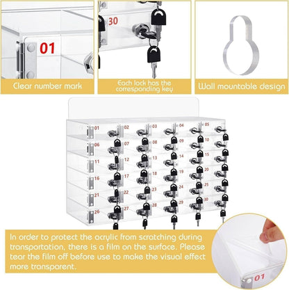 Transparent Acrylic Wallmounted Phone Charging Station 30 Slots Lockable with Keys Nized Storage for Mobile Devicesideal for OfficesHomes,One Color-25Slots