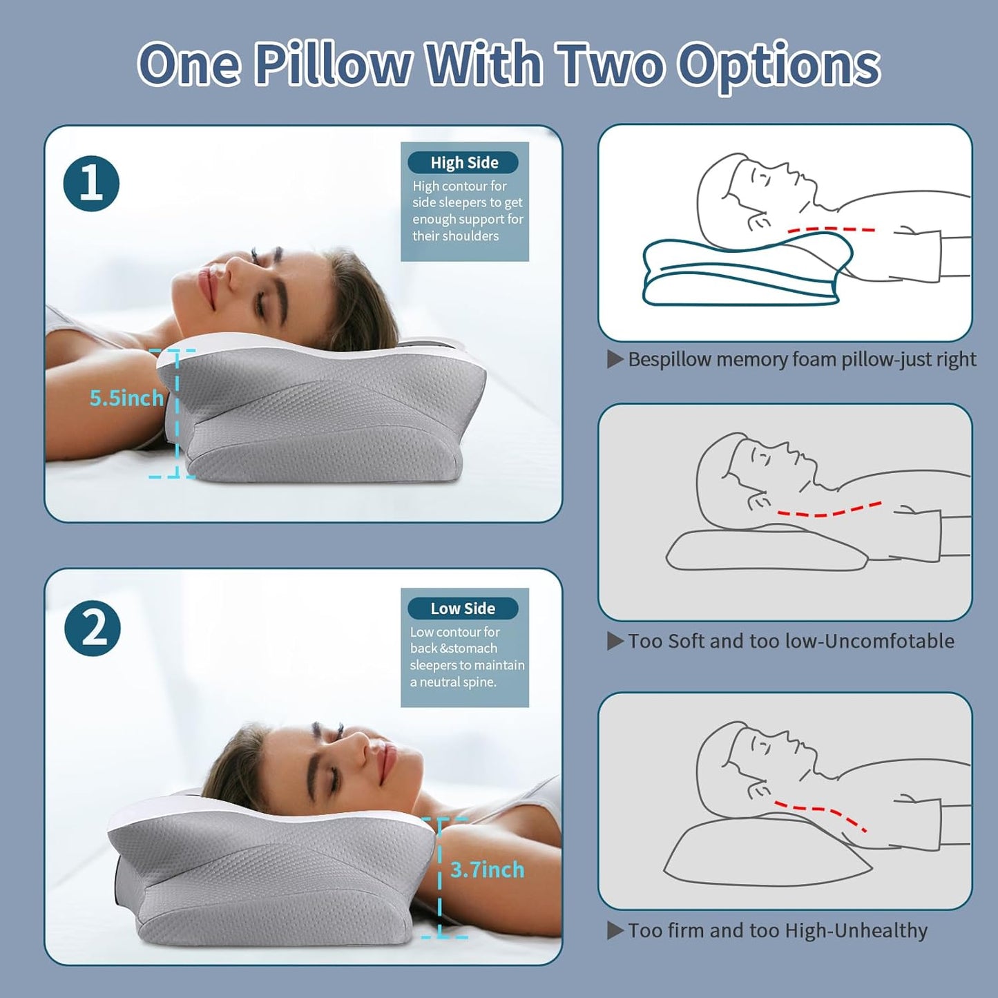 Cervical Neck Pillow for Pain Relief - Ergonomic Side Sleeper Pillow for Neck Support, Cooling Memory Foam Pillows, Contour Pillow Orthopedic Bed Pillow for Back Stomach Sleepers (Dark Grey)