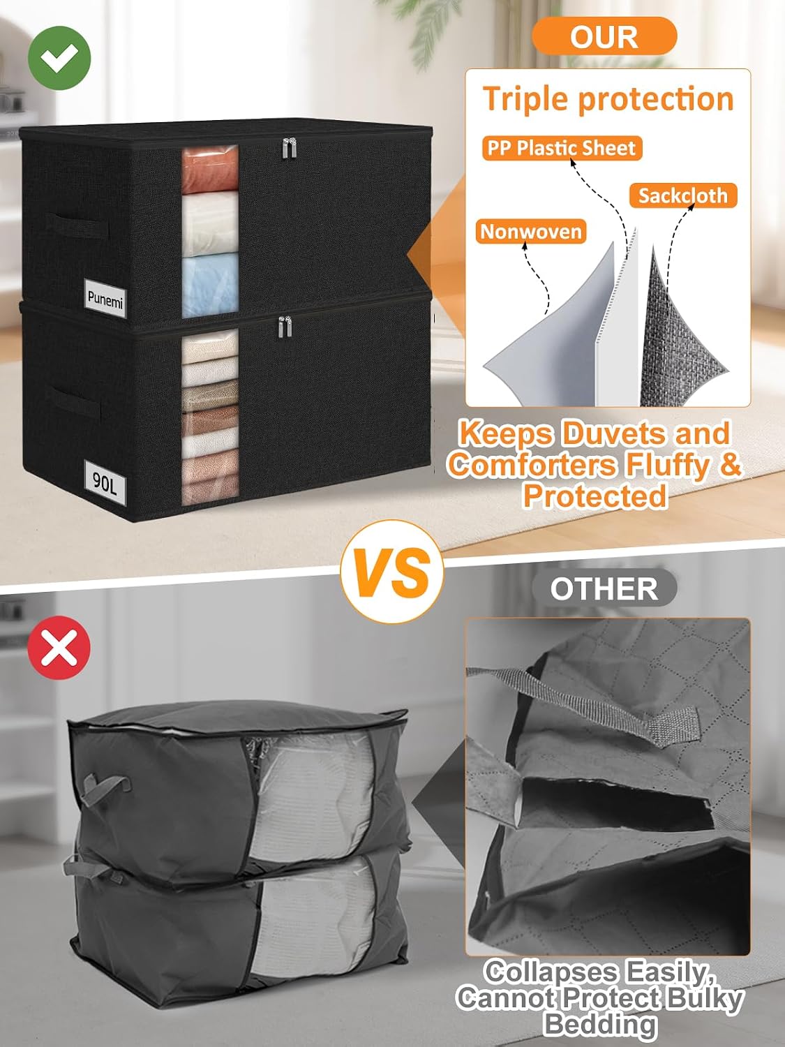 punemi 60L Sturdy Comforter Storage Bag, Blanket Organizer, Grey