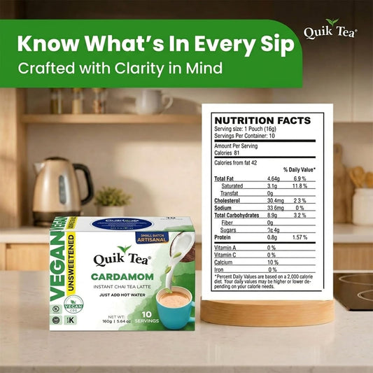 QuikTea Instant Masala Chai Tea Latte, 20 Single-Serve Sachets, Artisanal Indian Chai Latte Mix, Just Add Hot Water, Low Caffeine, Non-GMO, Gluten Free.