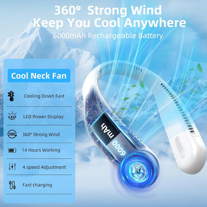 Portable Neck Fan, Personal Wearable Bladeless Fan, 6000mAh USB Rechargeable, 360° Airflow, LED Display, 4-Speeds, Hands Free Fan for Outdoor Indoor, Birthday Gifts for Men Women Dad Mom (Black)
