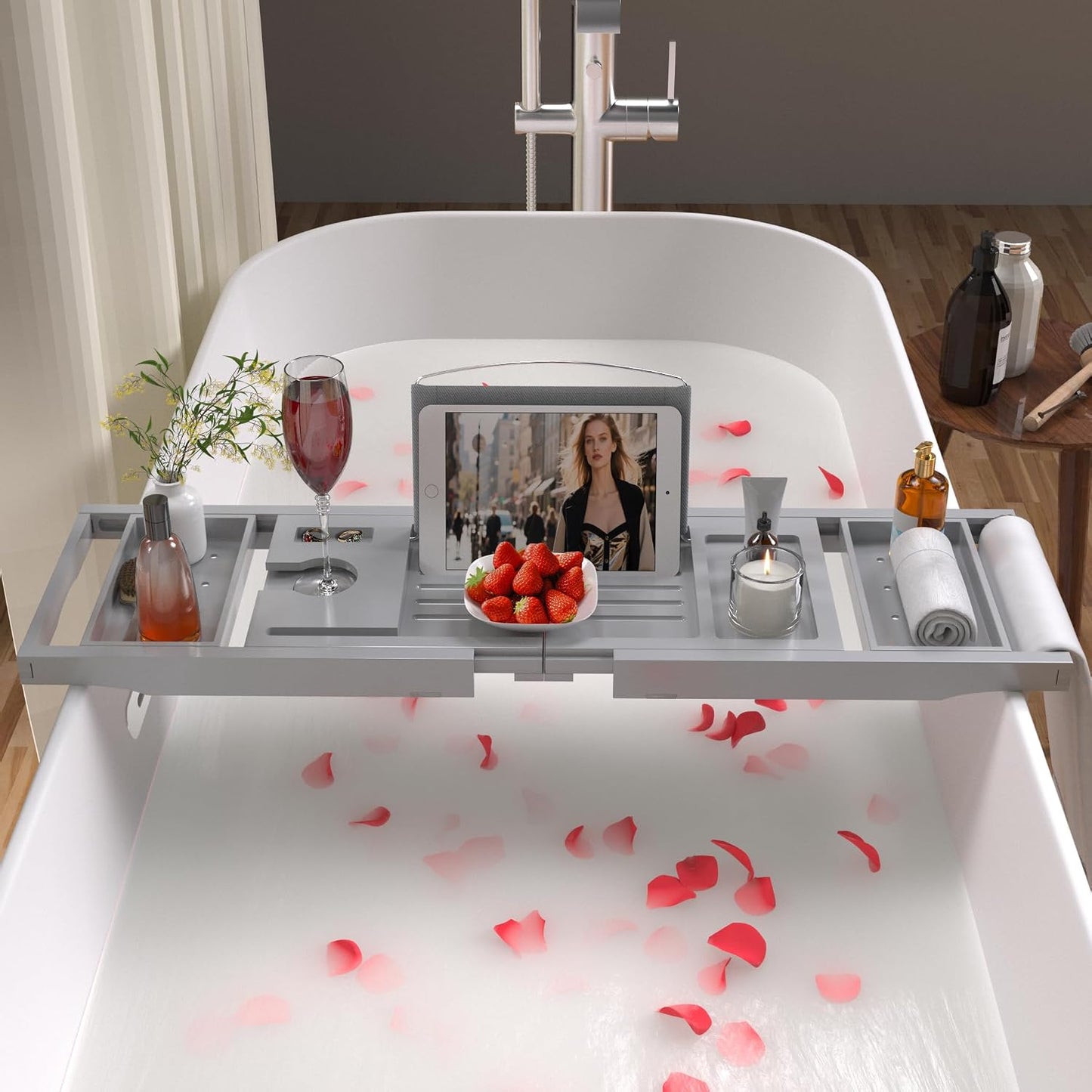 Artmalle Luxury Bathtub Caddy Tray for Tub - Foldable Bamboo Bath Table Tray with Book and Wine Glass Holder, Expandable Bathroom Accessories for Spa or Reading Lite Style