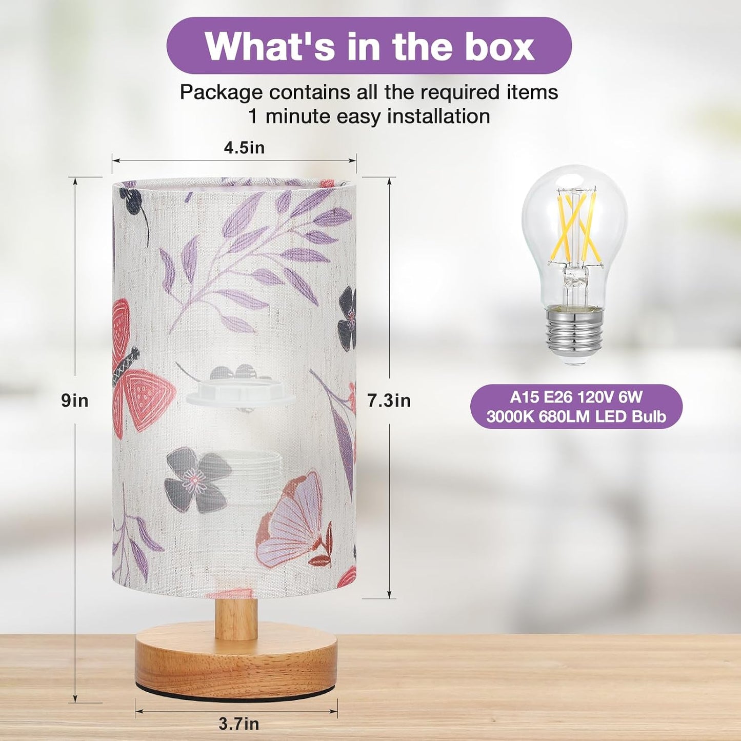 Fenmzee Small Table Lamp for Bedroom - Inline Control, Bedside Lamp with 3000K A15 LED Blub, Easy Assembly (Cream Shade - Wood Base, 9" Inline Control)