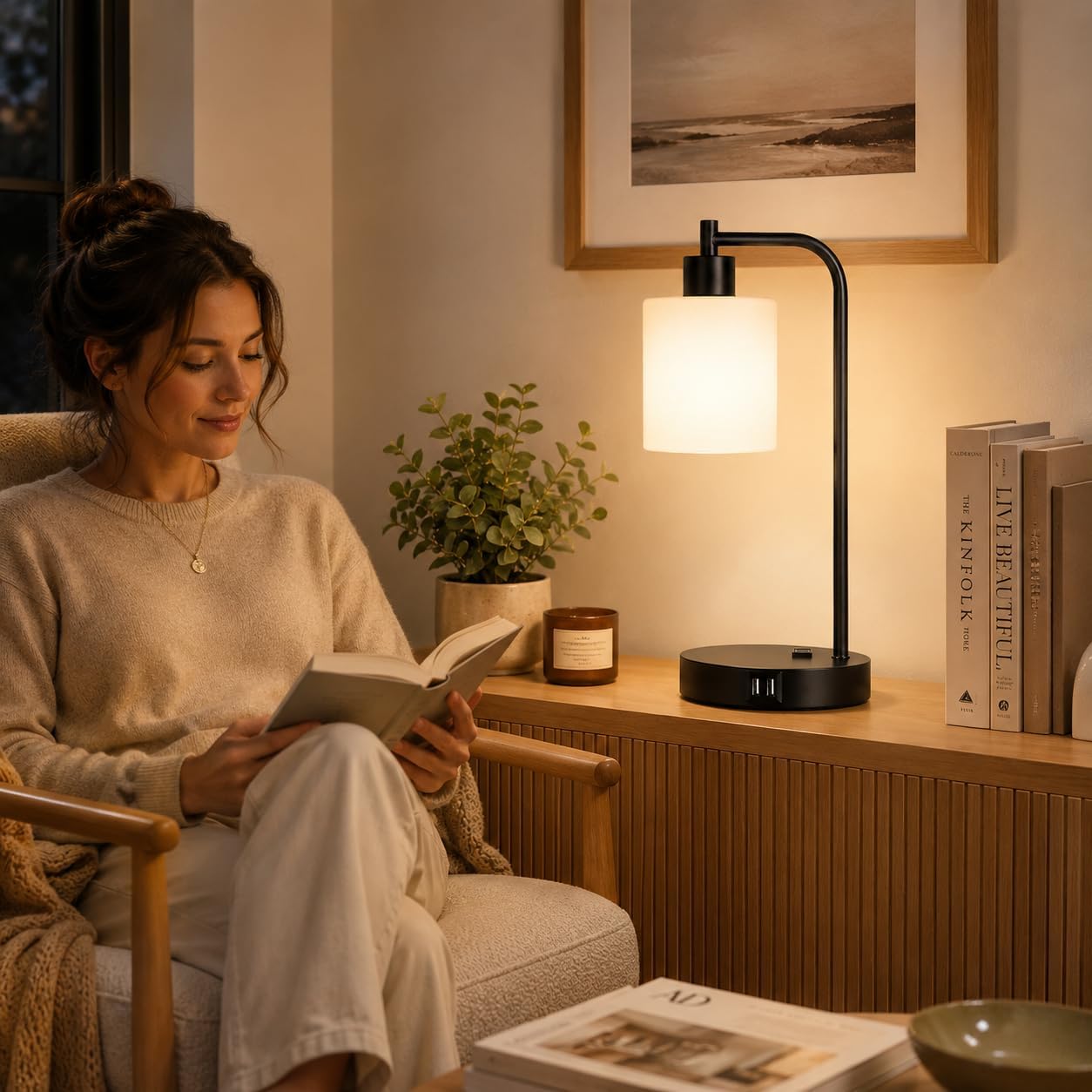 Set of 2 Industrial Touch Control Table Lamps with USB C+A Ports and AC Outlet - 3-Way Dimmable Black Bedside Lamps Nightstand Desk Lamps for Bedroom Living Room, Glass Shade & 2 LED Bulbs Included